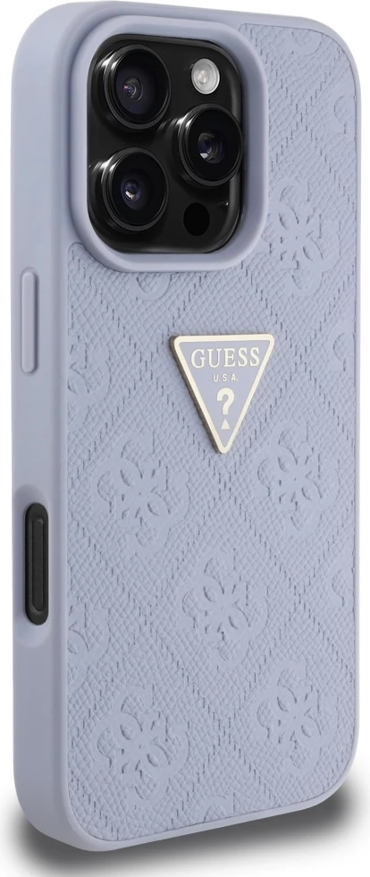 Mbështjellës Guess Hot Stamp 4G Pattern Triangle Metal Logo për iPhone 16 Pro, Vjollcë