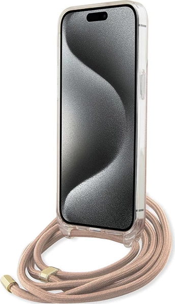 Mbështjellës Guess Crossbody Cord 4G Print për iPhone 15 Pro, Rozë
