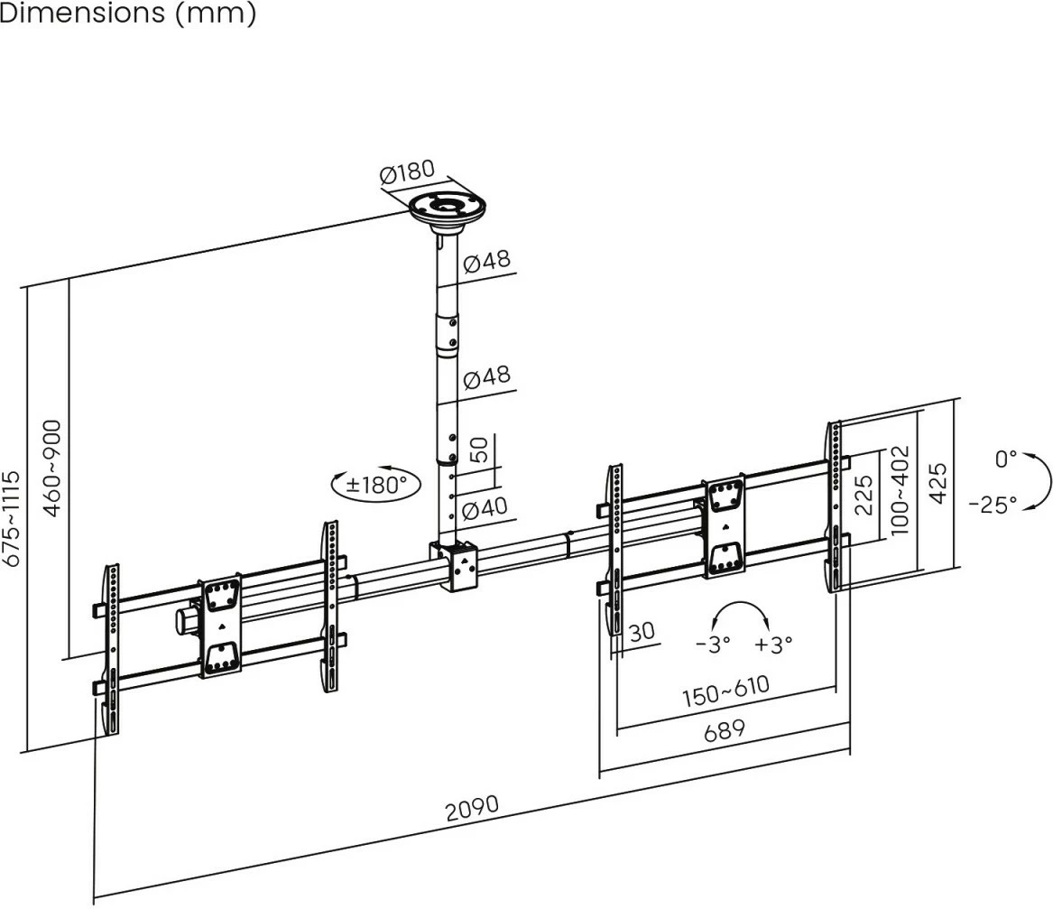 Mbajtëse tavani për dy TV Maclean MC-111 B, çelik, e zezë