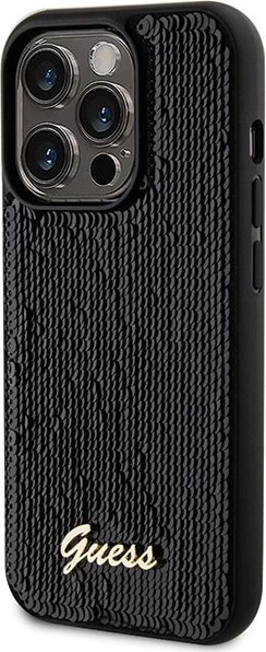 Mbështjellës Guess Sequin Script Metal për iPhone 13 Pro / 13, e zezë