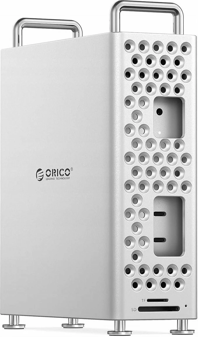 Kasë Orico për Mac Mini M4 me slot M.2 NVMe, 2x USB 3.2, USB-C, lexues kartele, argjend