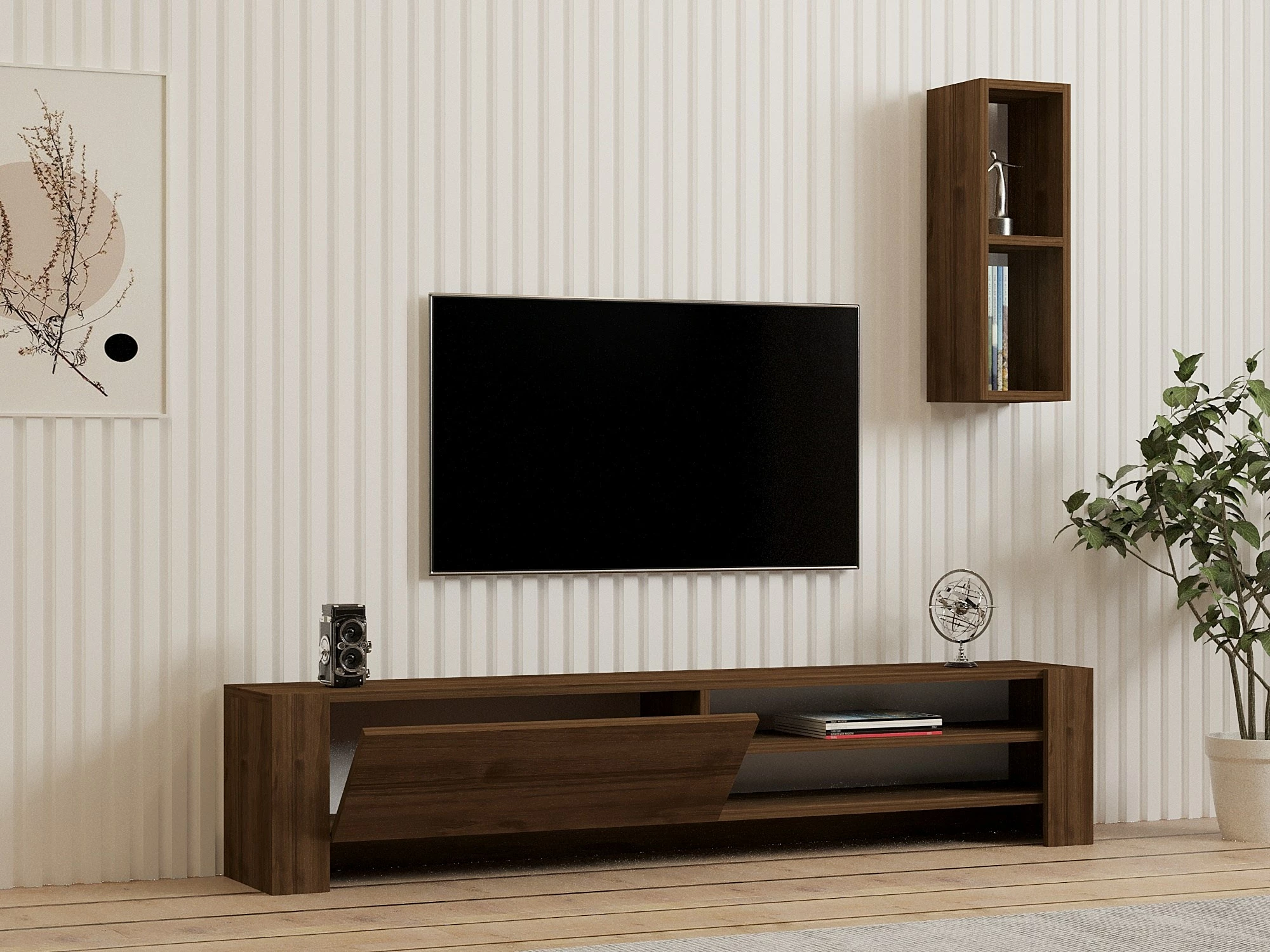 Komodë TV Skye Decor, ngjyrë arre, me rafte dhe raft muri, Naz