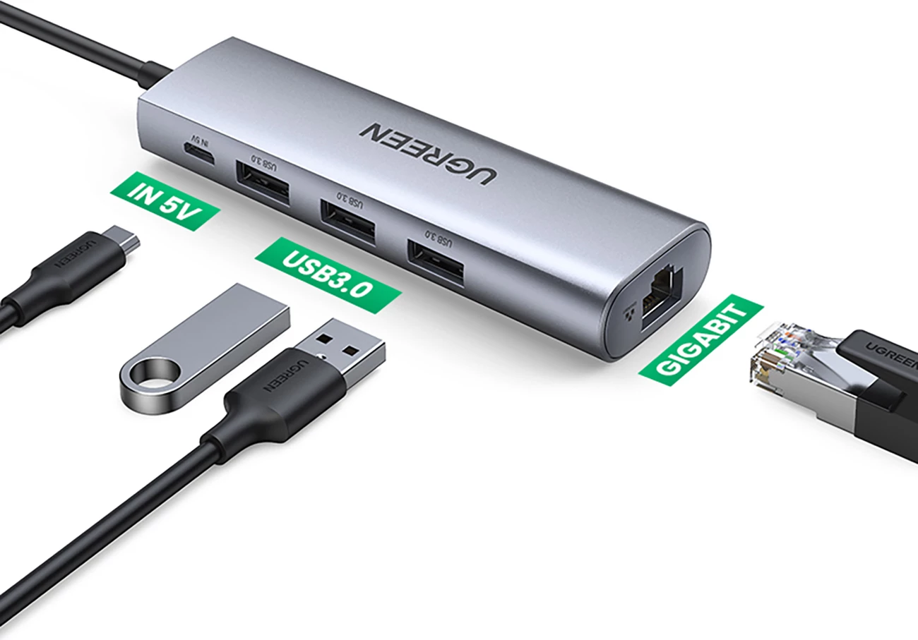 Adapter USB-A 5në1 Ugreen CM266 60812, 3x USB-A 3.0, RJ45, micro USB, Gri
