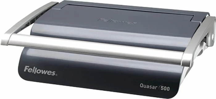 Makinë lidhëse dokumentesh Fellowes Quasar+ 500 (MPN 5627701), kapacitet lidhjeje 500 fletë, shpim 25 fletë, manuale, set fillestar 10 dokumente, argjend/zezë