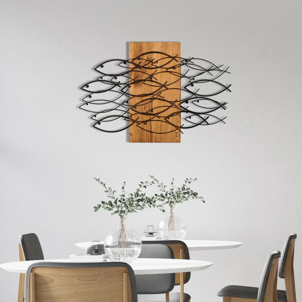 Aksesor dekorativ muri prej druri dhe metali, peshq, ngjyrë e zezë dhe arre, 87x58cm