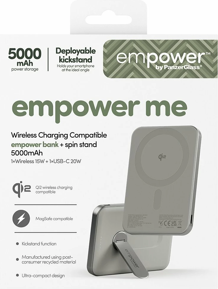 Powerbank PanzerGlass Bank Spin Stand 5000mAh Qi2 USB-C gri