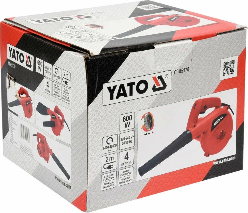Fryrës me thithje për gjethe Yato YT-85170 600 W, kabllo 2 m, me qese + 2 gryka, portokalli/zezë