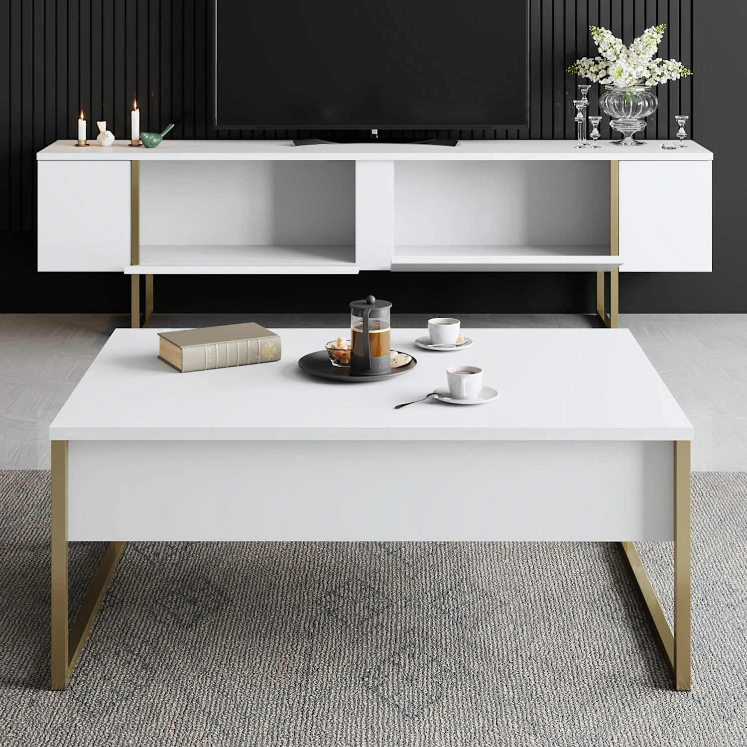 Komodë TV Hanah Home, Luxe, e bardhë, këmbë ari