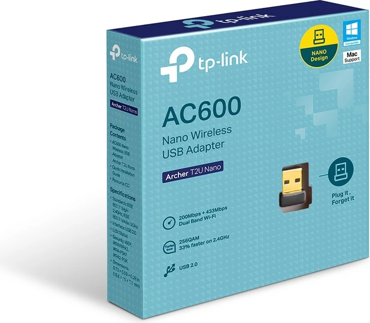 Adapter WiFi TP-Link Archer T2U Nano, USB, WLAN, Wi-Fi 5, 433 Mbit/s, i zi