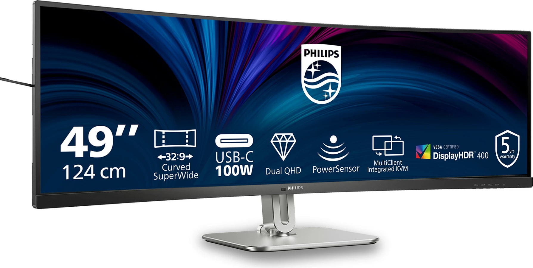 Monitor Philips 5000 Series 49B2U5900C/00, 48.8 inç SuperWide i lakuar, Dual QHD 5120x1440, USB-C 100W, i zi