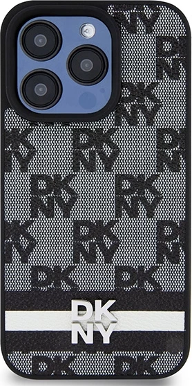 Mbështjellës DKNY Leather Checkered Mono Pattern & Printed Stripes për iPhone 15 Pro, i zi
