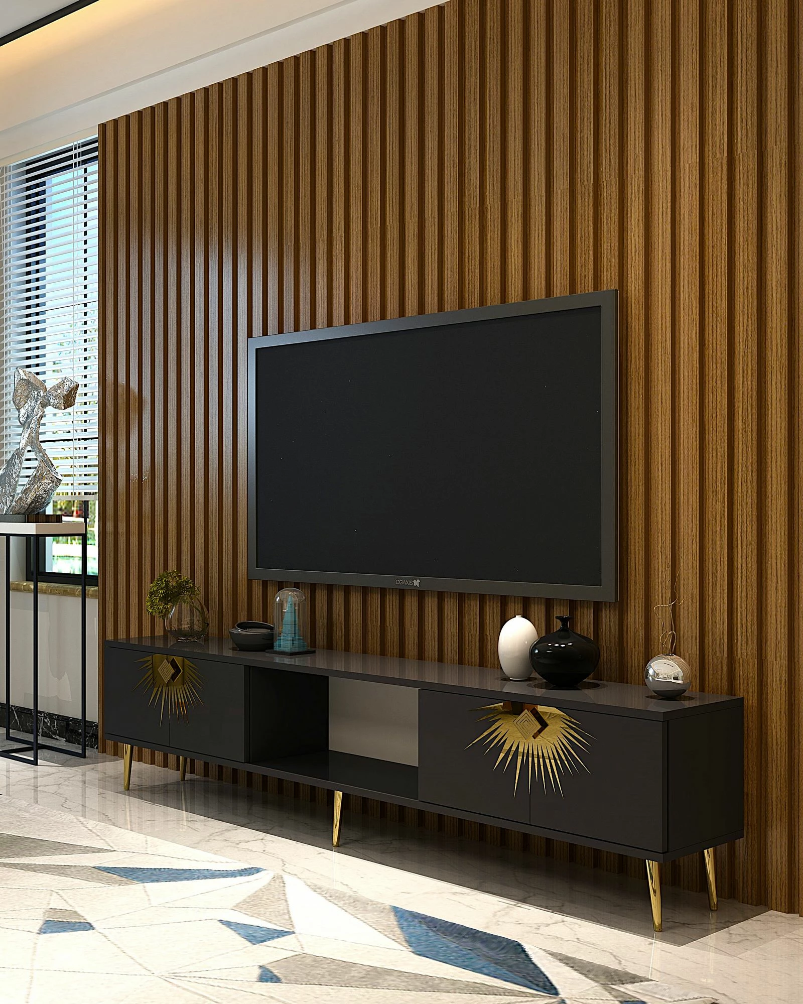 Komodë TV Skye Decor, ngjyrë antracit, detaje ari