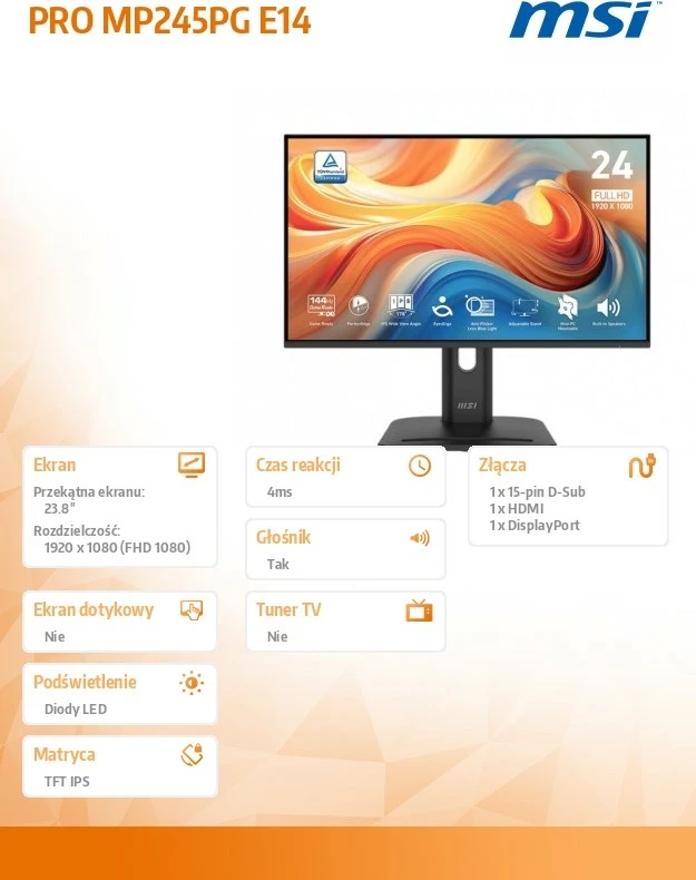 Monitor, MSI, PRO MP245PG E14, 23.8", IPS LED FHD 1920x1080, 144Hz, i sheshtë, zi