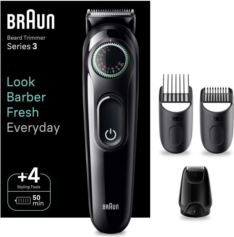 Makinë rroje Braun BT3421 trimmer mjekre me rrotë rregullimi, tehe çeliku, pa kabllo, e zezë
