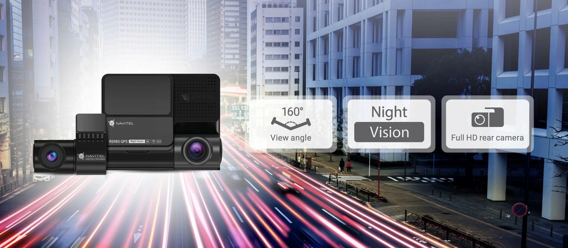 Dashcam Navitel RS985 4K me GPS, e zezë, set me kamerë të pasme