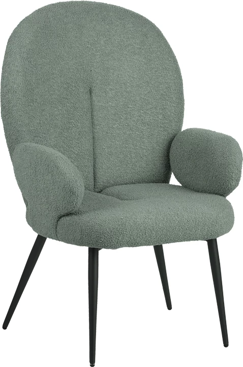 Karrige me këmbë për këmbë Qarar, stof boucle, ngjyrë e gjelbër e çelur, këmbë metalike të zeza, 67.5x67.5x106cm