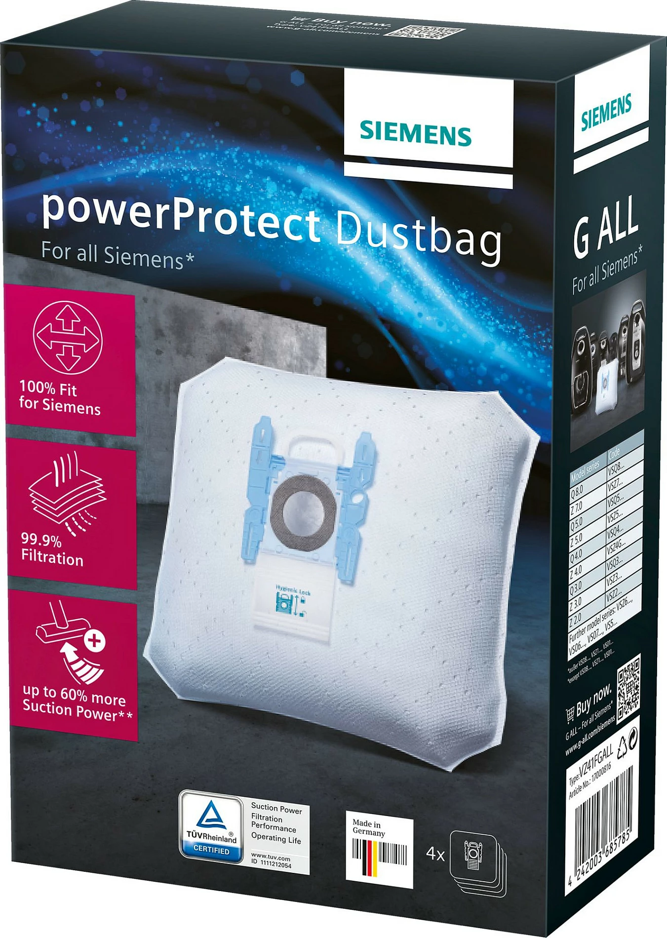 Qese pluhuri Siemens VZ41FGALL powerProtect G ALL, set 4 copë, e bardhë