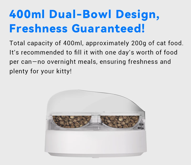 Dispenser smart ushqimi për mace Catlink F03, 400 ml, RFID + njohje fytyre, i bardhë, set me qafore + RFID tag