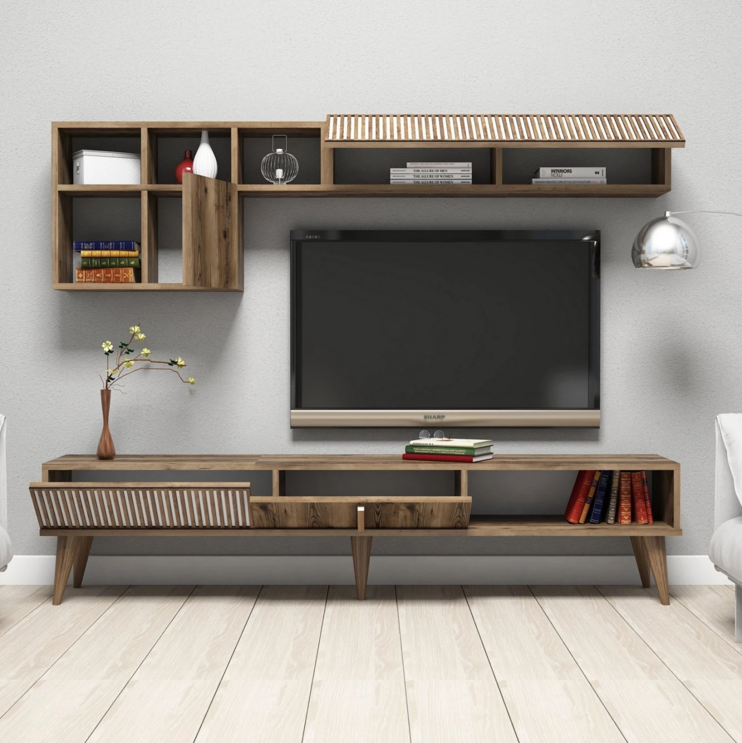 Set mobiljesh për TV, FH9438.02, melaminë, ngjyrë arre-bardhë, 180x35x40Hcm