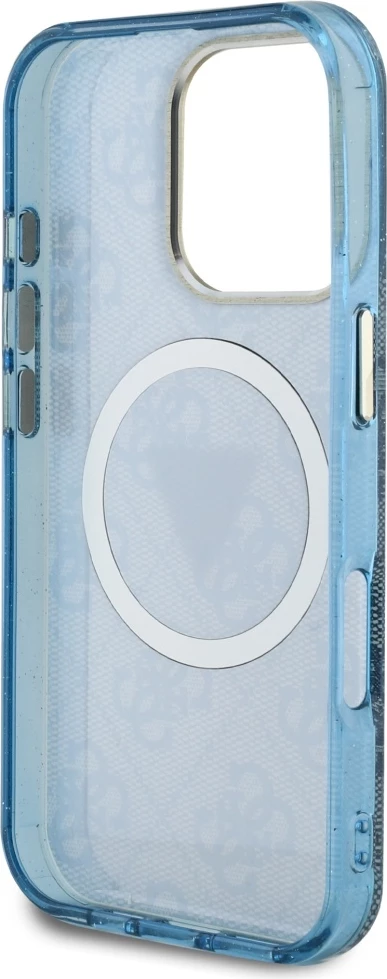 Mbështjellës Guess IML Metal Glitter 4G Circle Triangle MagSafe për iPhone 16 Pro, Blu
