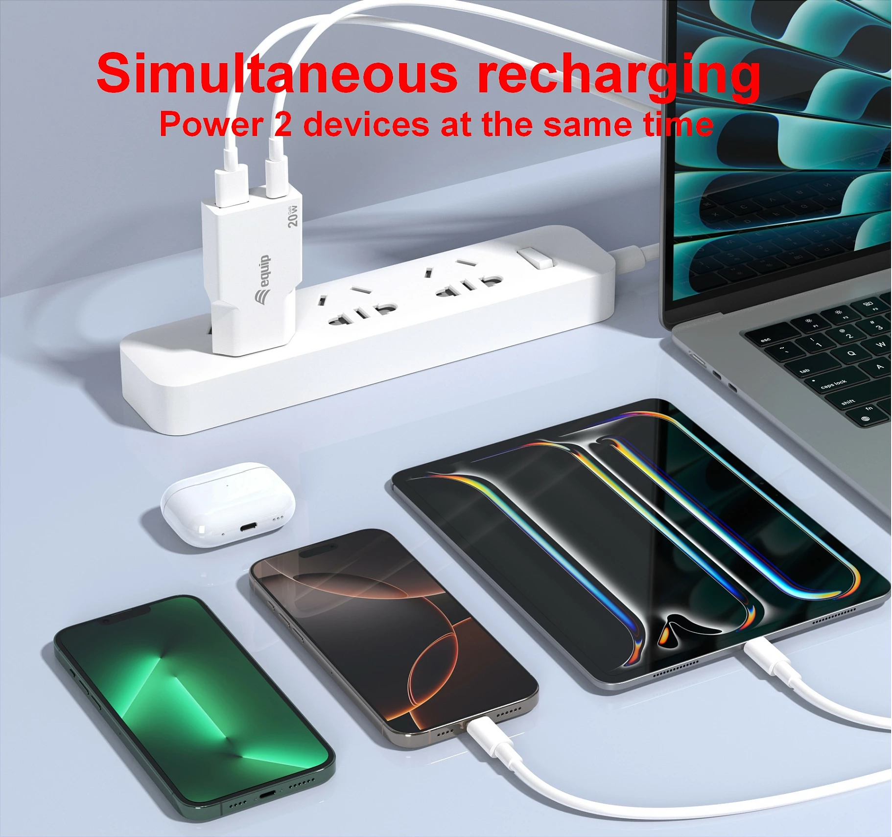 Karikues muror EQUIP 2Port USB-C PD3.0/USB-A GaN Slim 20W, i bardhë