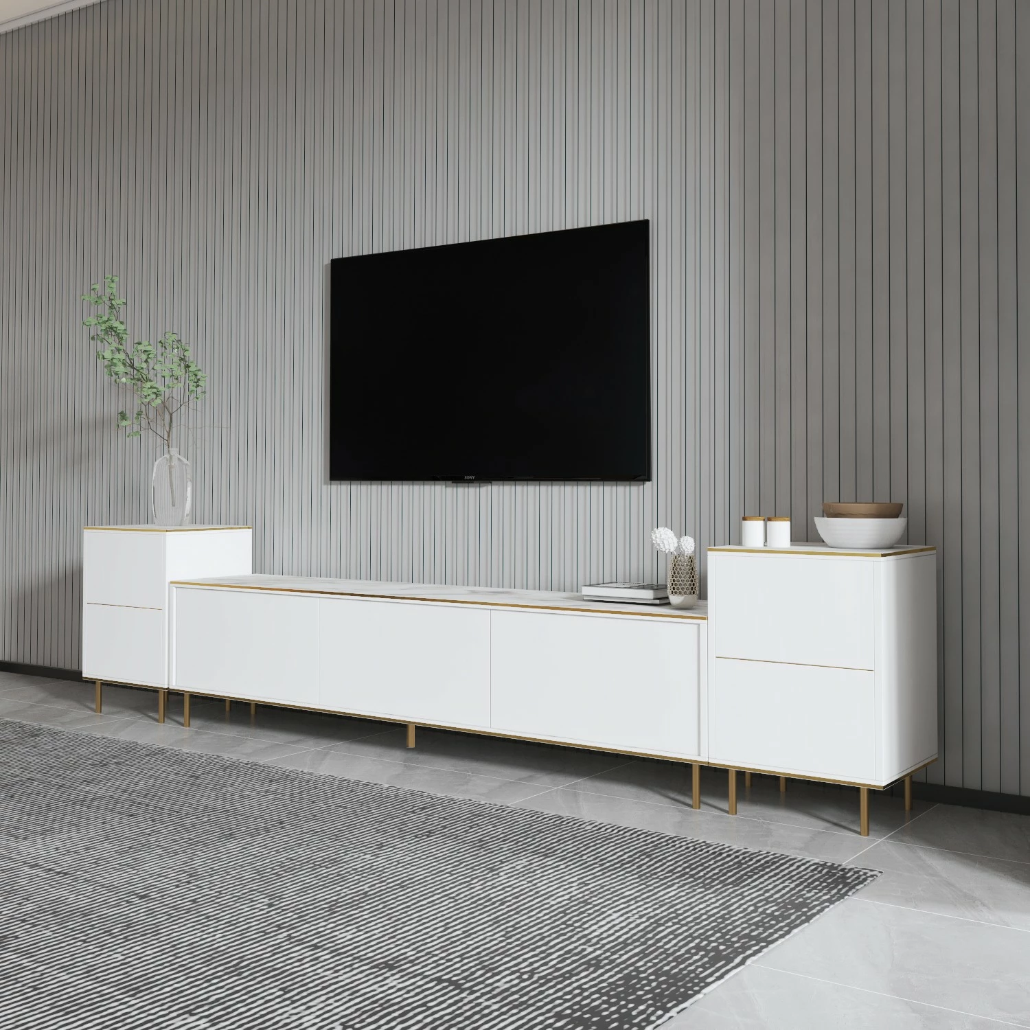 Komodë TV Hanah Home, imitim mermeri i bardhë, ari