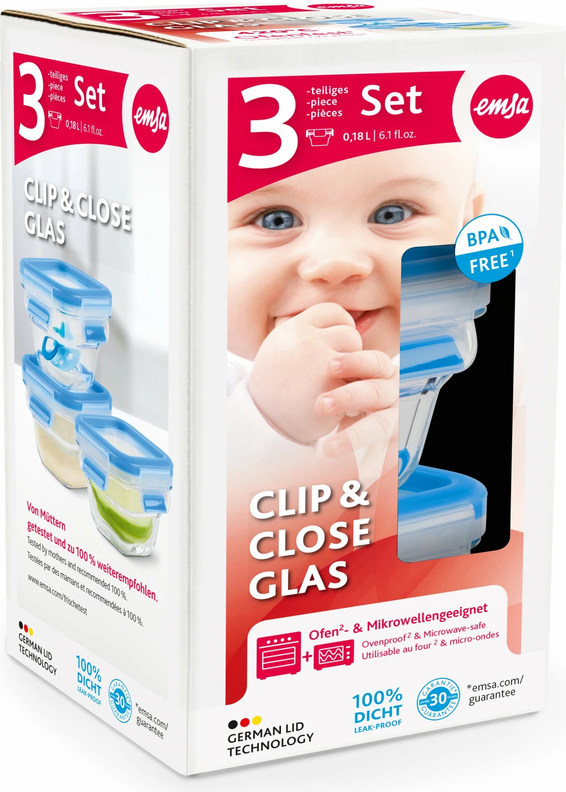 Set enësh qelqi Emsa N10507 Clip & Close 3 copë, transparent/kaltër