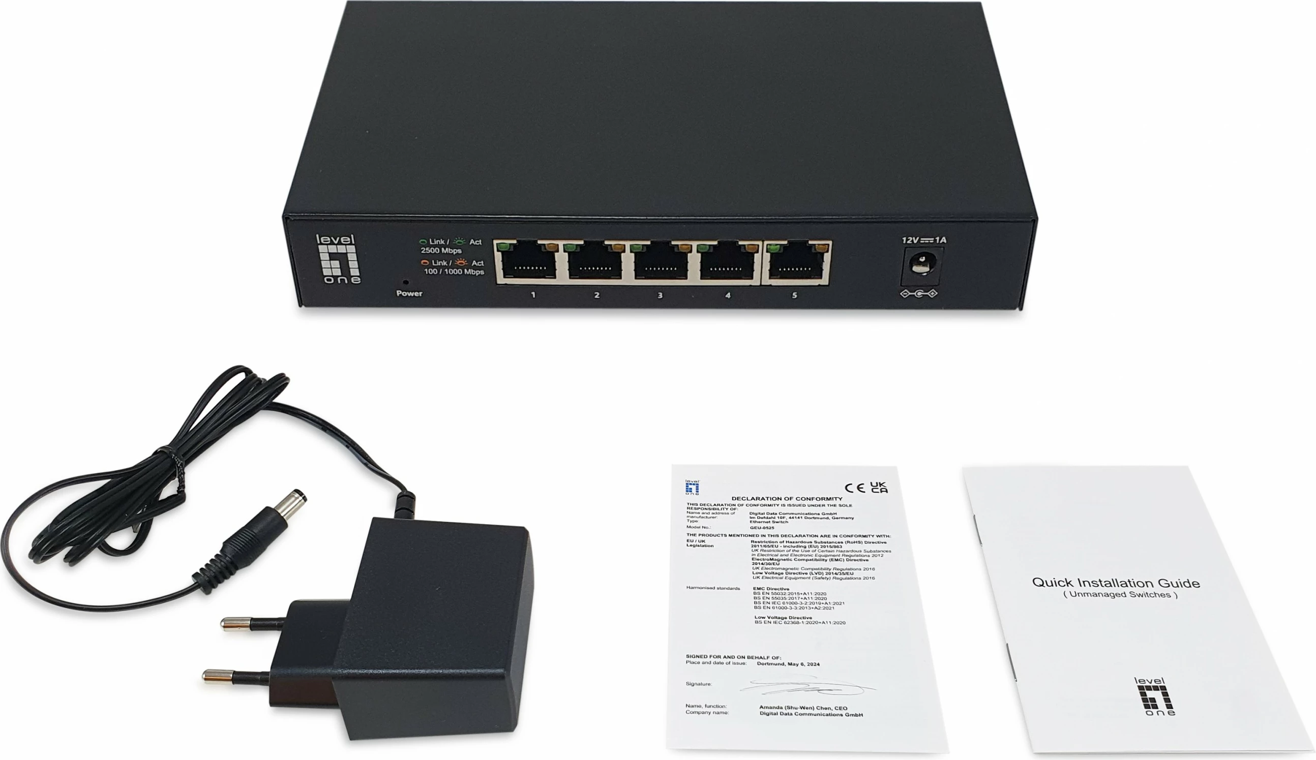 Switch LevelOne 5-Port, 2.5G Ethernet, Pa menaxhim, Montueshëm në mur