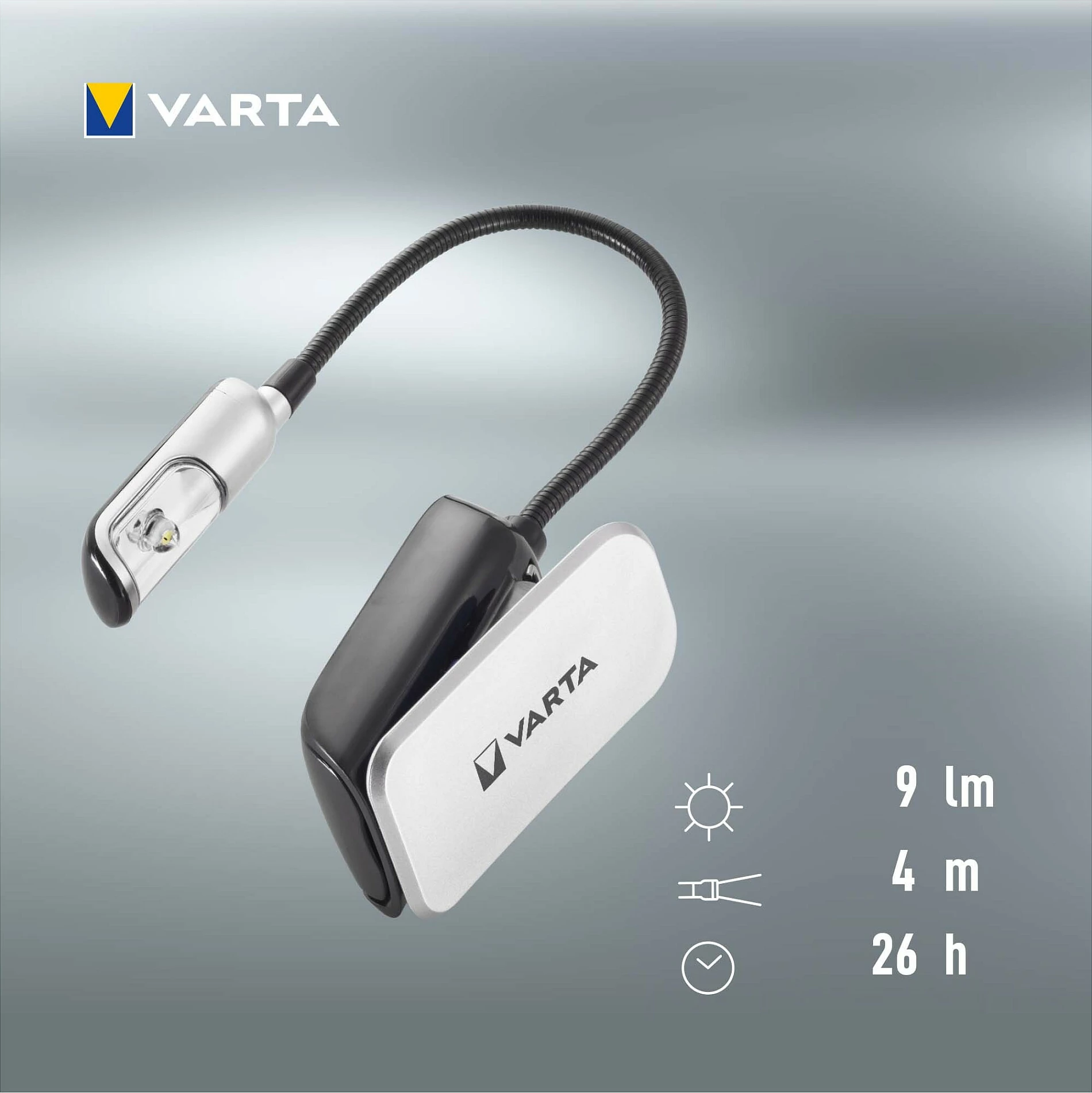 Llambë LED me kapëse VARTA 16618, 9 lm, CR2032, qafë fleksibile, e zezë/argjendtë