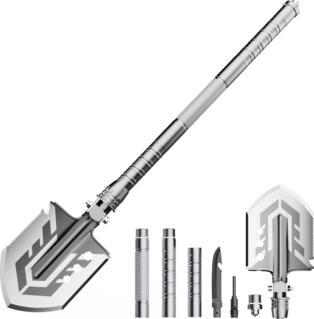 Lopatë multifunksionale palosëse, Wozinsky WSS-211, çelik inox, me thikë & sharrë, thyes xhami, fishkëllimë me çakmak, me këllëf, gri