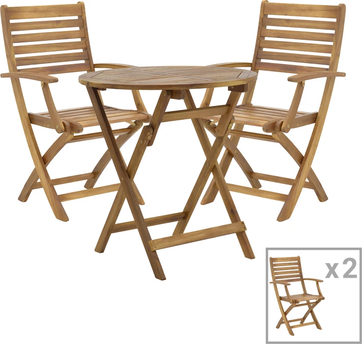 Tavolinë me karrige Gorpo-Carpuva set prej 3 copash, dru akacie i fortë natyral D70x74cm