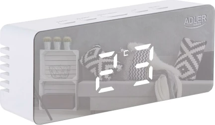 Orë me alarm, Adler AD 1189, ekran LED, shfaqje temperature dhe date, ndriçim i rregullueshëm, USB/3xAAA, e bardhë