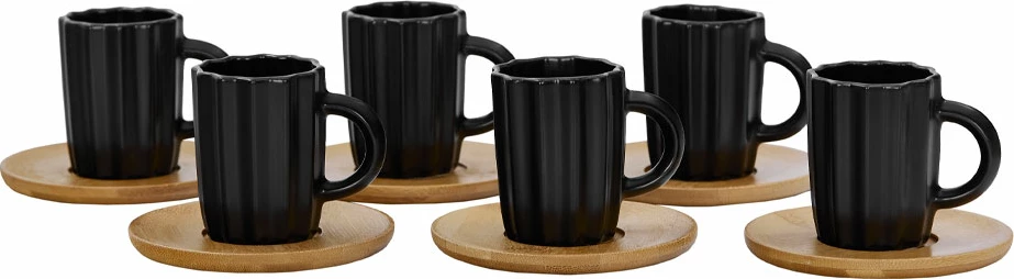 Set filxhanësh espresso Cactus, 6 copë, porcelan i zi, bambu natyral, 27x22x6cm
