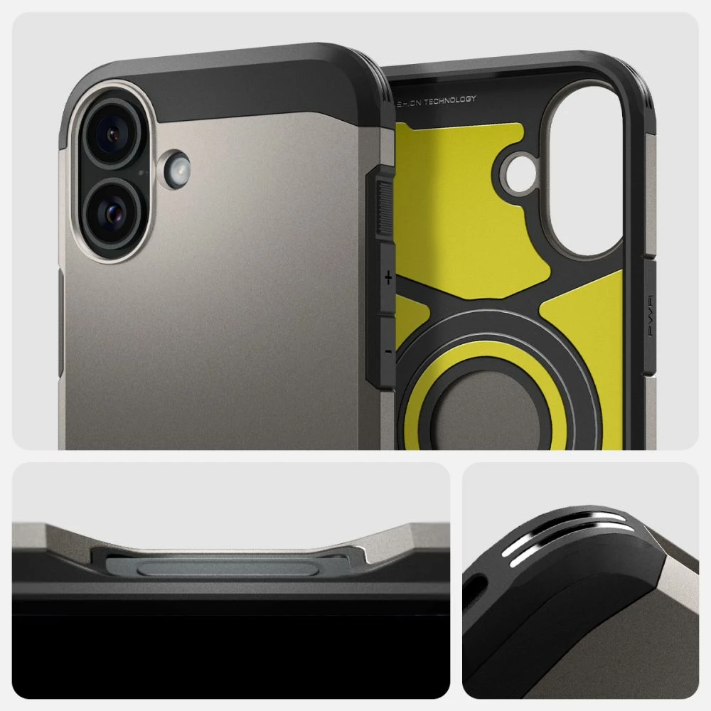 Mbështjellës Spigen Tough Armor Mag për iPhone 16, MagSafe, qëndrim i integruar, rezistencë MIL-STD, gunmetal