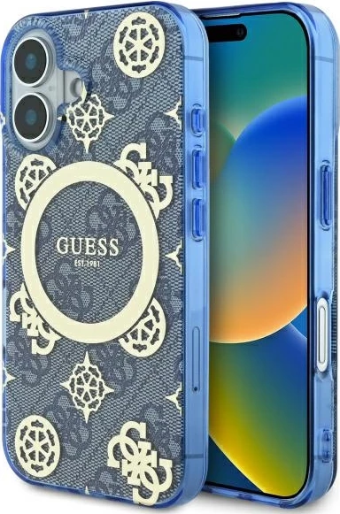 Mbështjellës Guess Peony On 4G MagSafe për iPhone 16, Blu