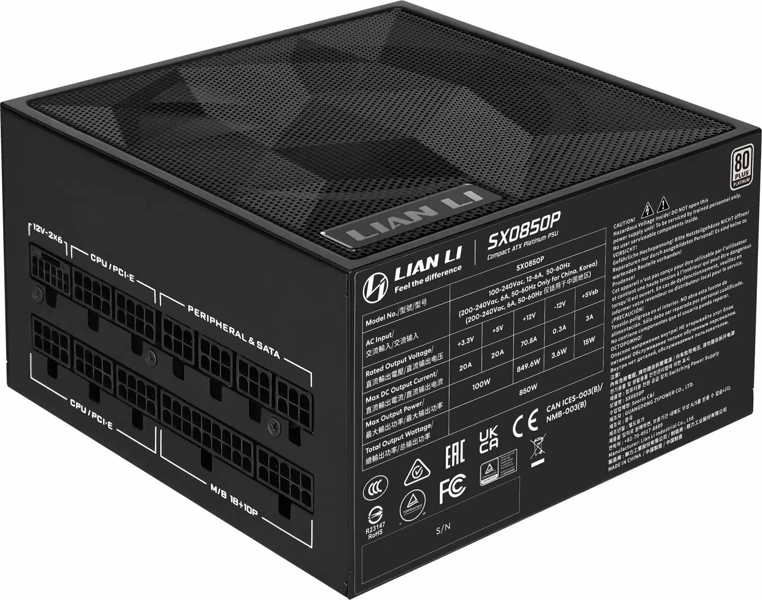 Furnizues rryme Lian Li SX Platinum SX0850P 850W 80 Plus Platinum, ATX 3.1, modular i plotë, PCIe 5.1 (12V-2x6), i zi