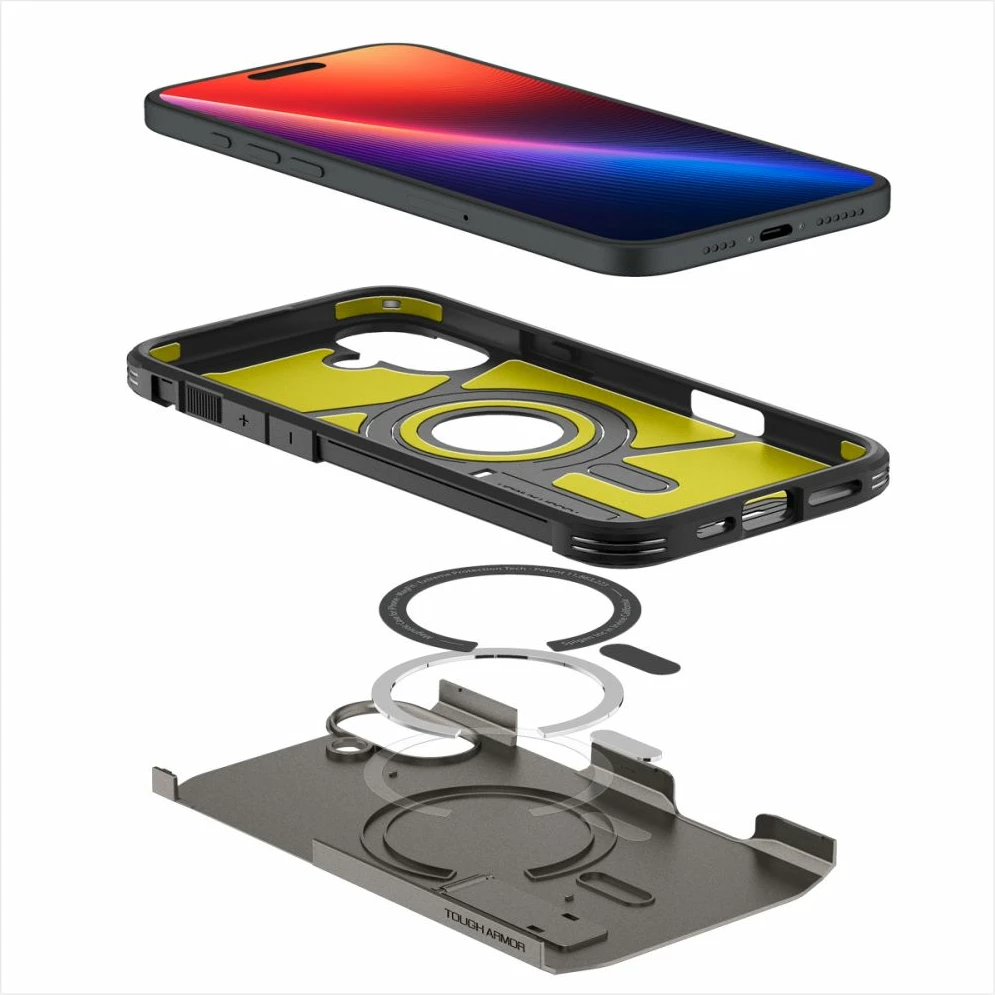 Mbështjellës Spigen Tough Armor Mag për iPhone 16, MagSafe, qëndrim i integruar, rezistencë MIL-STD, gunmetal