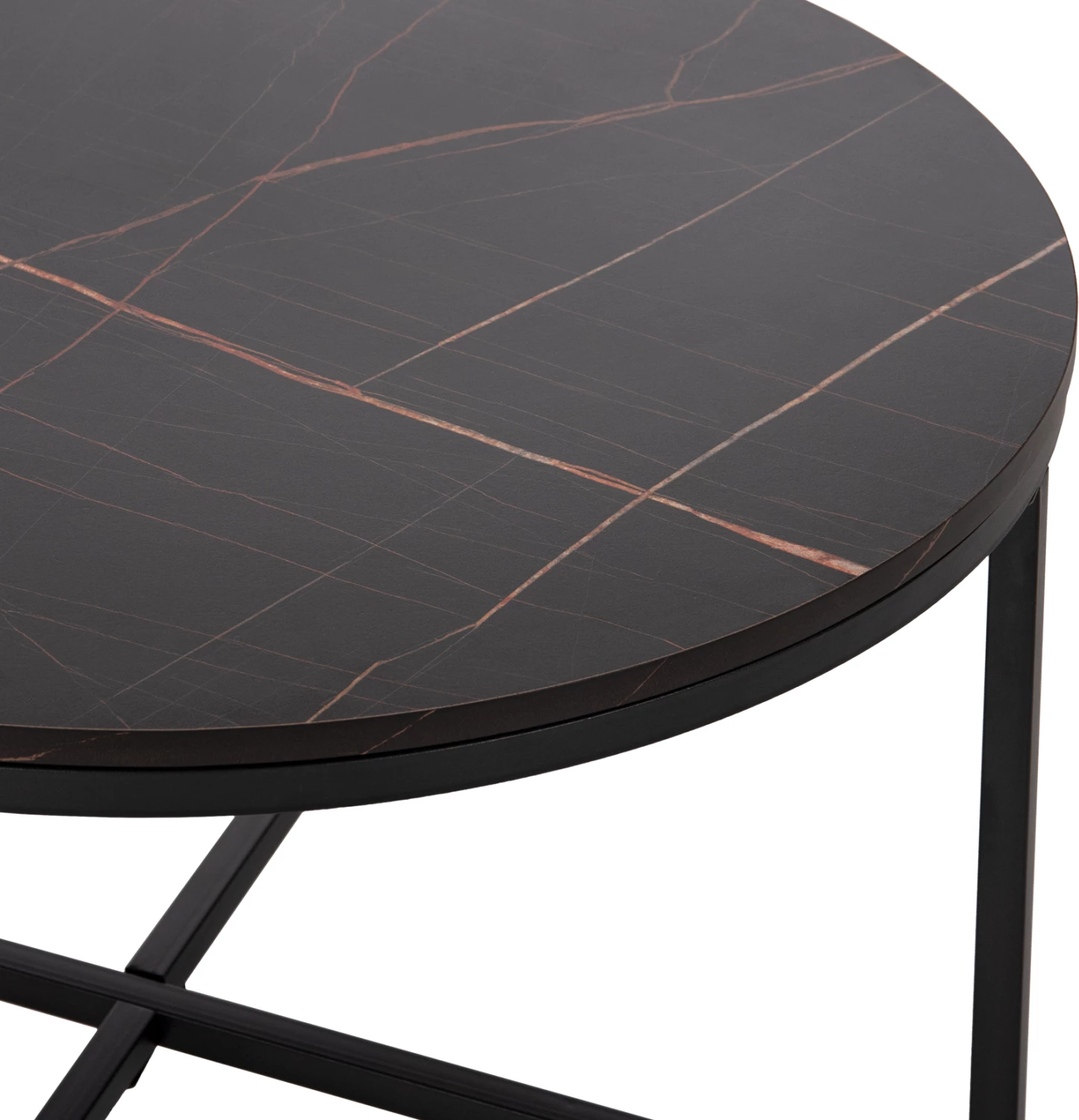 Tavolinë kafeje, melaminë ngjyrë mermeri të zi, këmbë metalike të zeza, FH9420.03, Φ80x48.5H cm