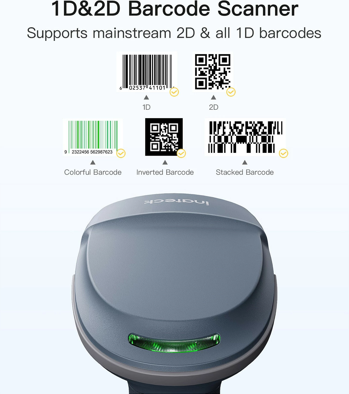 Skaner barkodi Inateck BCST-54, 1D/2D, Bluetooth/USB, bazë karikimi, blu/gri