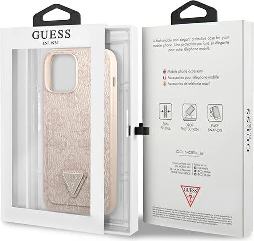 Mbështjellës Guess 4G Triangle Logo Cardslot për iPhone 13 Pro Max, rozë