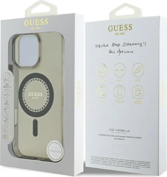 Mbështjellës Guess IML Rhinestones MagSafe për iPhone 16 Pro, Zi