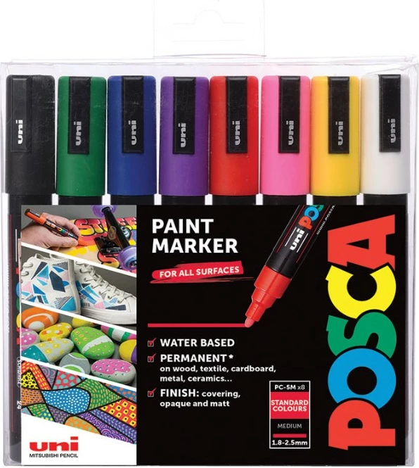 Set markera Posca PC-5M, 8 ngjyra, medium, ujë-bazë, majë bullet