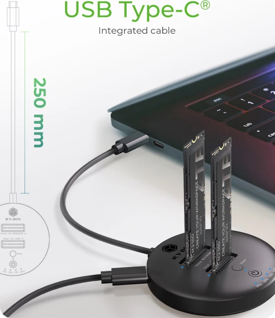 stacion dokimi dhe klonimi ICYBOX IB-1612MCL-C31 për 2x M.2 NVMe SSD, USB-C 10 Gbit/s, klonim offline, i zi, set me adaptor rryme dhe kabllo USB-C