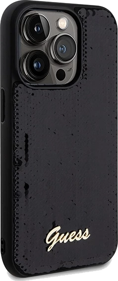 Mbështjellës Guess Sequin Script Metal për iPhone 14 Pro, i zi