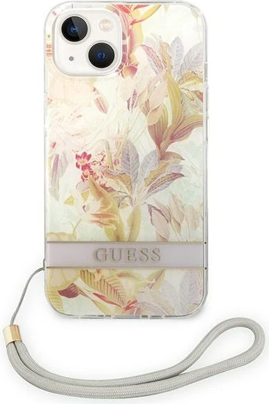 Mbështjellës Guess GUOHCP14MHFLSU për iPhone 14 Plus 6.7", Flower Strap, vjollcë