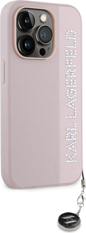 Mbështjellës Karl Lagerfeld Saffiano Rhinestones & Charm për iPhone 15 Pro, Rozë