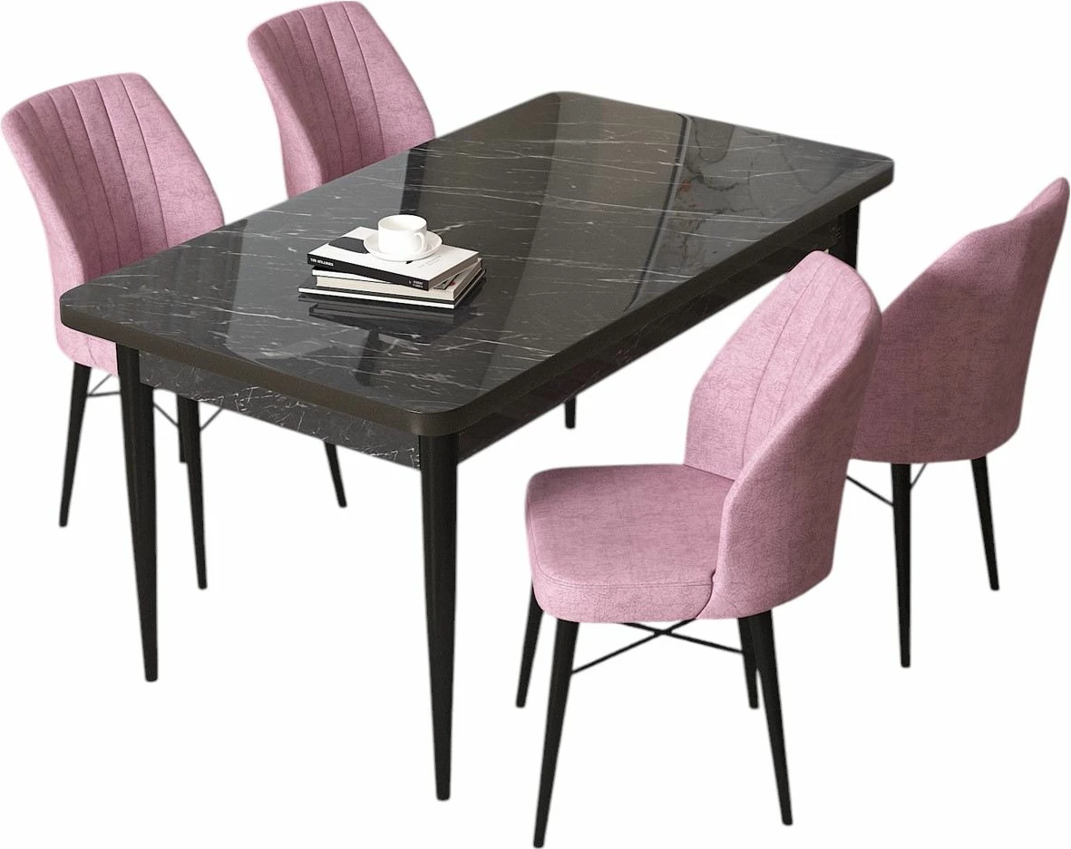 Tavolinë me karrige, 5 pjesë, Skye Decor, mermer i zi, rozë