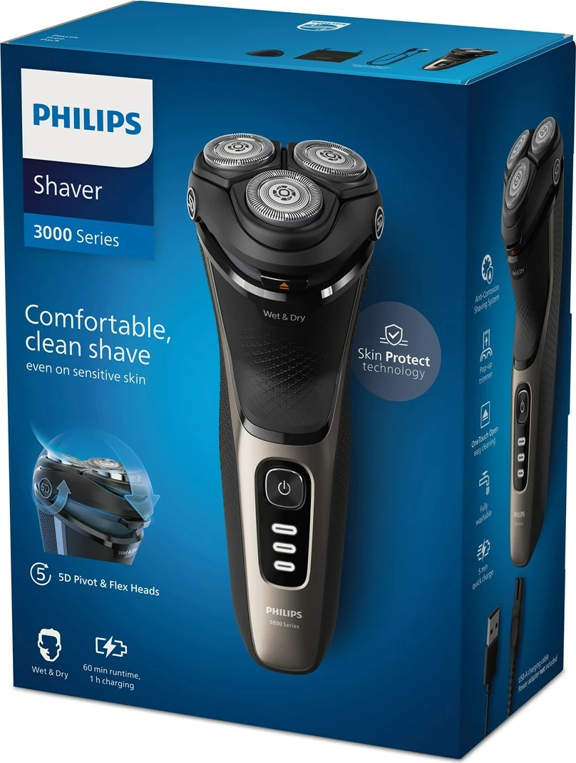Makinë rroje Philips S3242/12, rrotulluese, Wet & Dry, bateri, karikim i shpejtë, 1 orë punë, e zezë/ari, me çantë