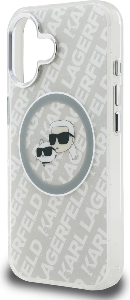 Mbështjellës MagSafe Karl Lagerfeld IML Glitter Karl & Choupette Heads Logo për iPhone 16, hardcase TPU/PC, gri, me kuti