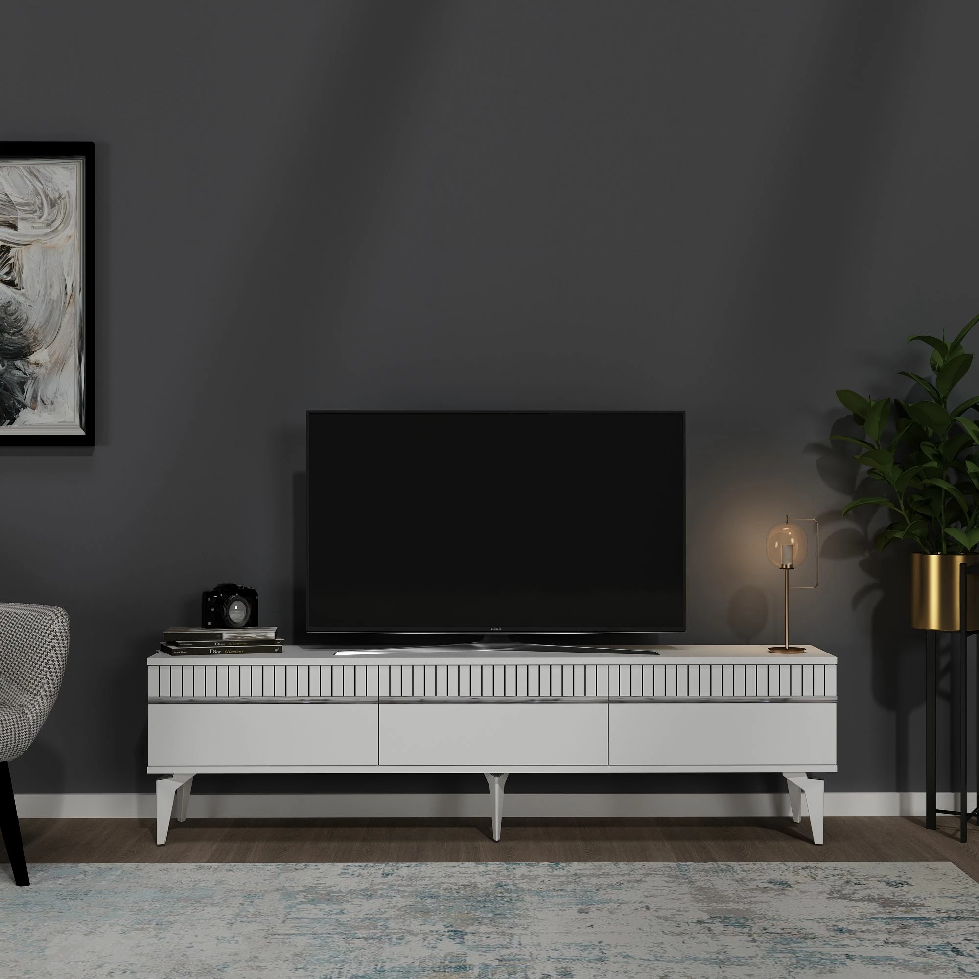 Komodë për TV, Skye Decor, ngjyrë e bardhë dhe argjend